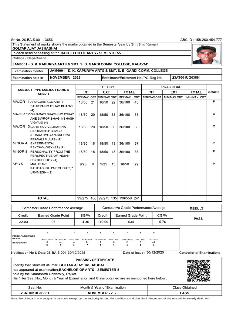 23at001ug03881 Semester 5 Marksheet Report | PDF