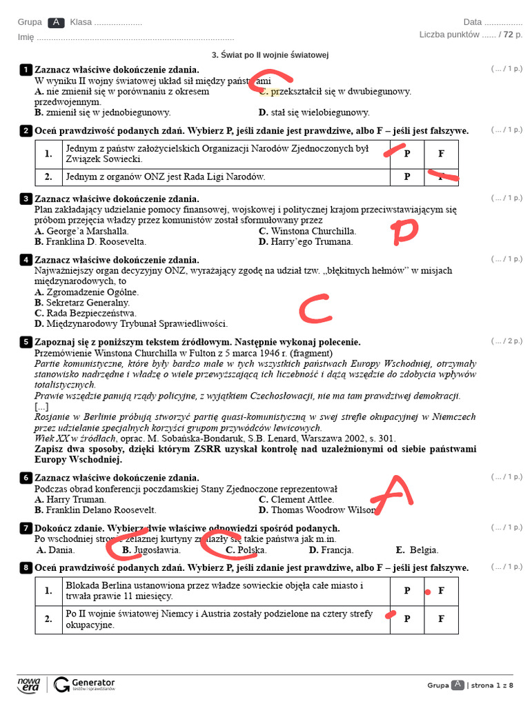 Świat Po II Wojnie Światowej Test (Z Widoczną Punktacją) Kopia | PDF