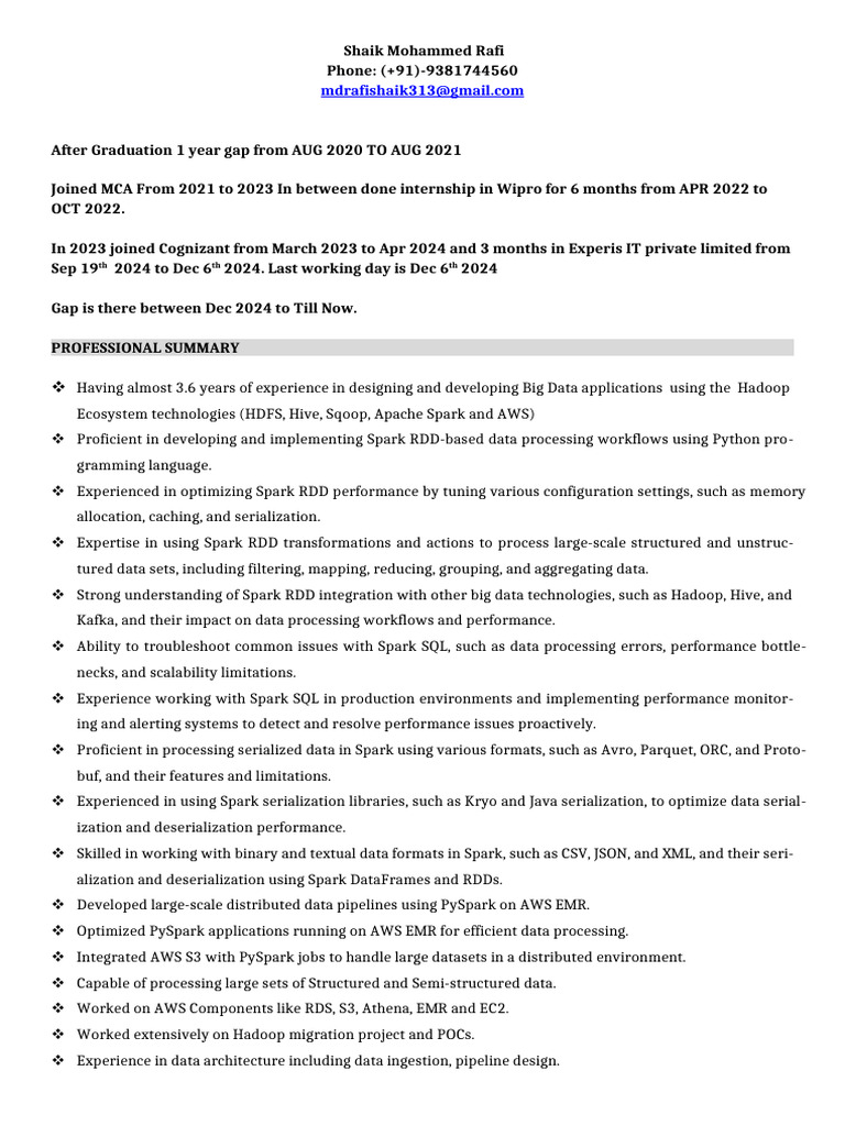 Mohammed Rafi Resume BIG DATA Engineer Examples | PDF | Apache Spark ...