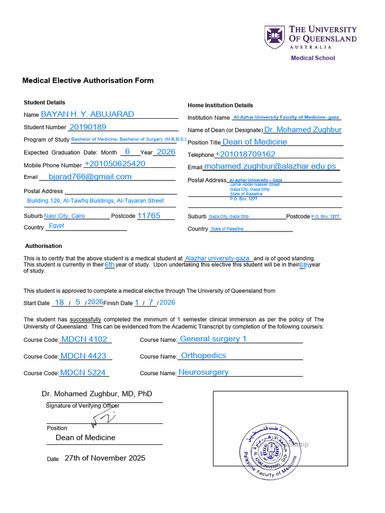 Medical Elective Authorisation Form - 2025 - Signed | PDF | Medical ...