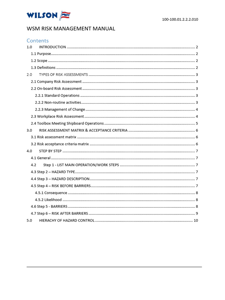 WSM Risk Management Manual - Rev.10 | PDF | Risk Assessment | Safety