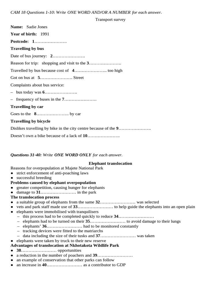 Cam 18 Questions 1 Transport Survey | PDF
