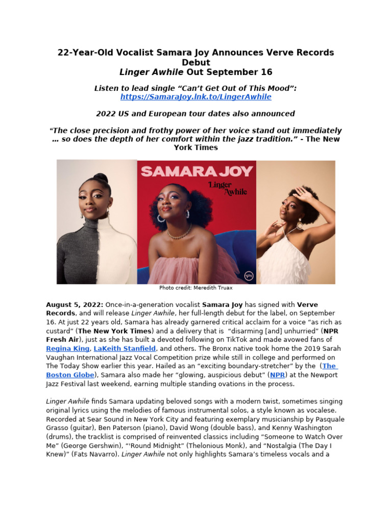 Samara Joy Album Announce PR | PDF | Jazz | African American Music