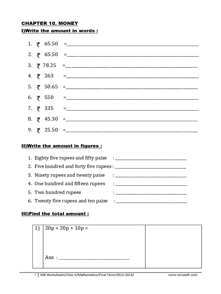 CBSE Class 2 Maths Practice Worksheets (123) - Money | PDF | Chess ...