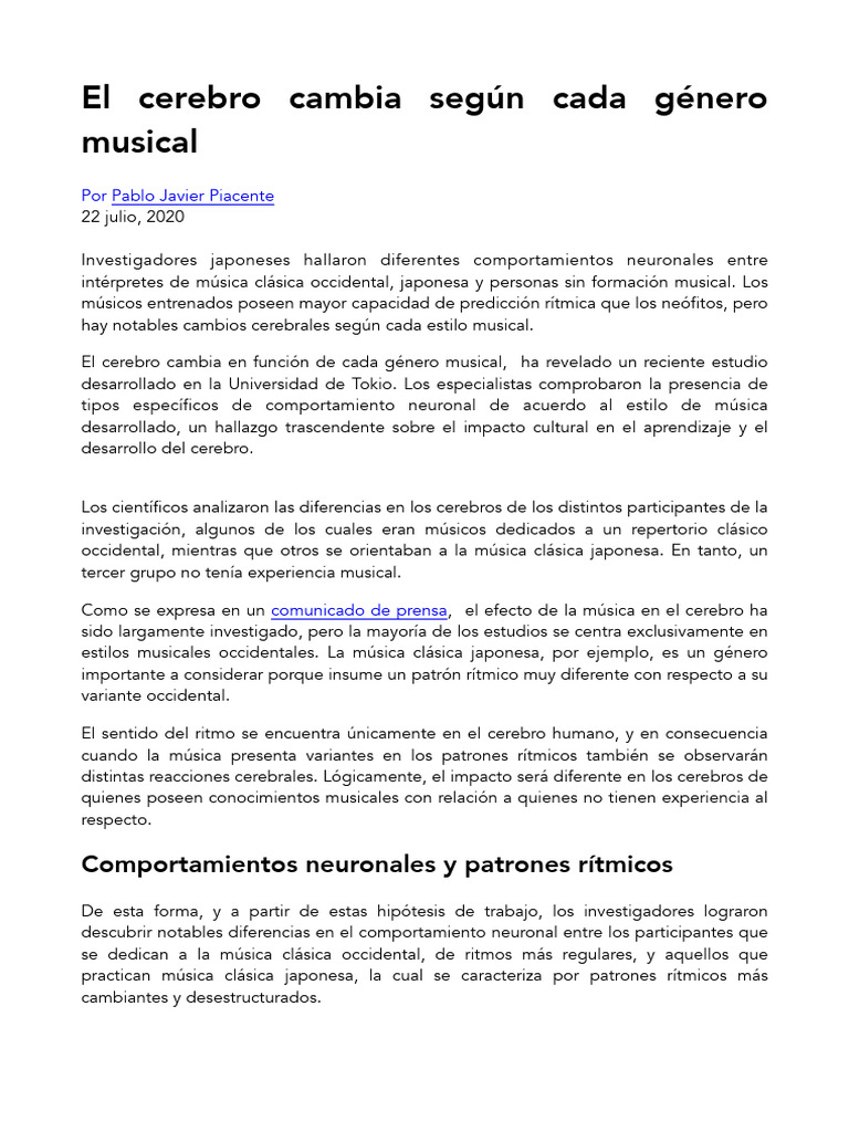 El Cerebro Cambia Según Cada Género Musical | PDF | Cerebro | Ritmo