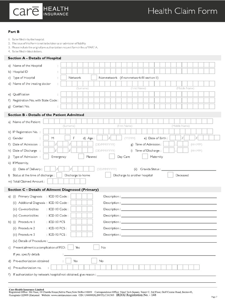 Care Health Claim Form Part B | PDF