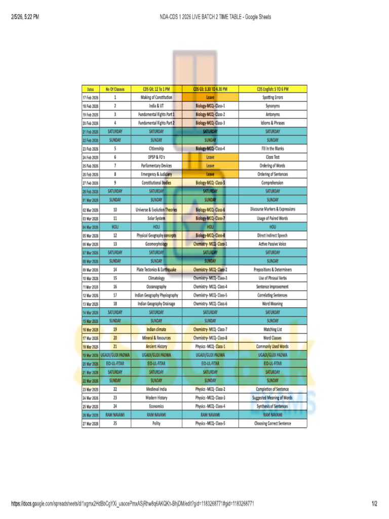 CDS 1 2026 Live Batch 2 Schedule | PDF