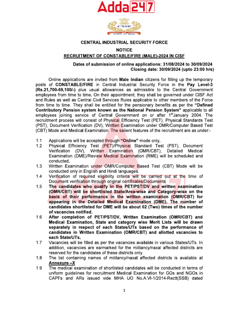CISF Constable Fire Fireman 2024 Notification PDF 1 Unlocked | PDF