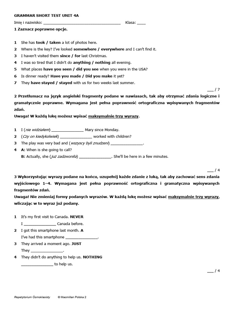 Klasa 7 Unit 4 Test - Grammar | PDF