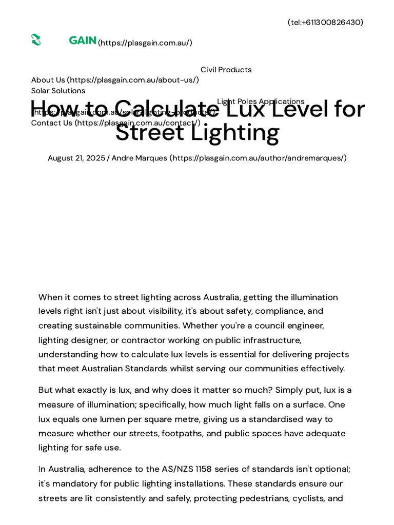 How To Calculate Lux Level For Street Lighting - Plasgain | PDF ...