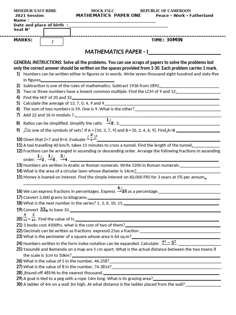 Maths Paper 1 Mock FSLC 2021 | PDF | Decimal | Mathematics