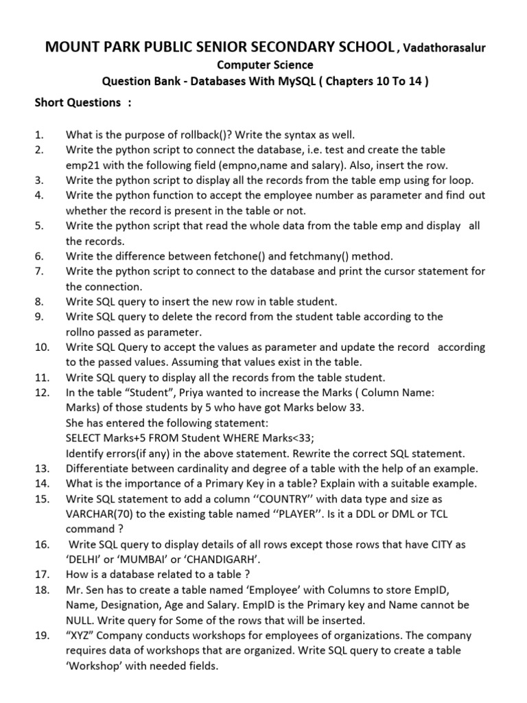 +2 CS - MySQL - Queries Related Questions | PDF | Table (Database ...