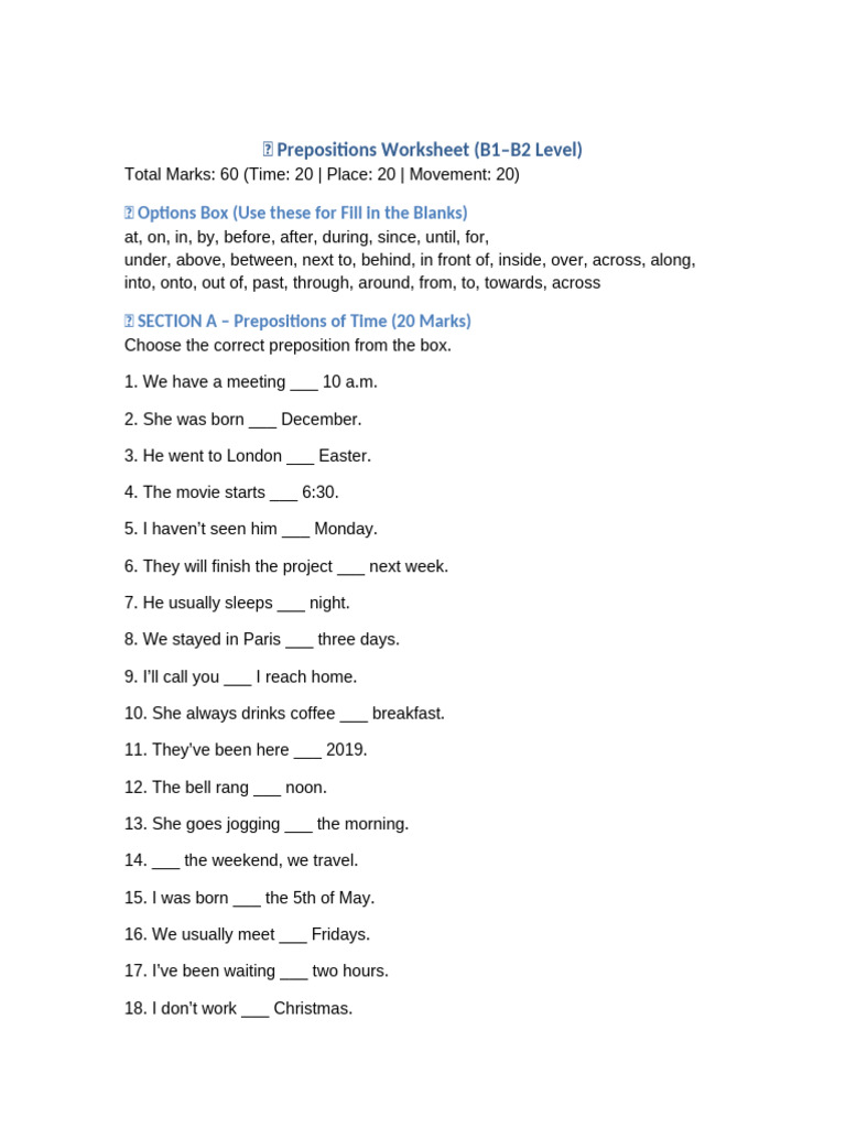 Prepositions Worksheet B1 B2 | PDF