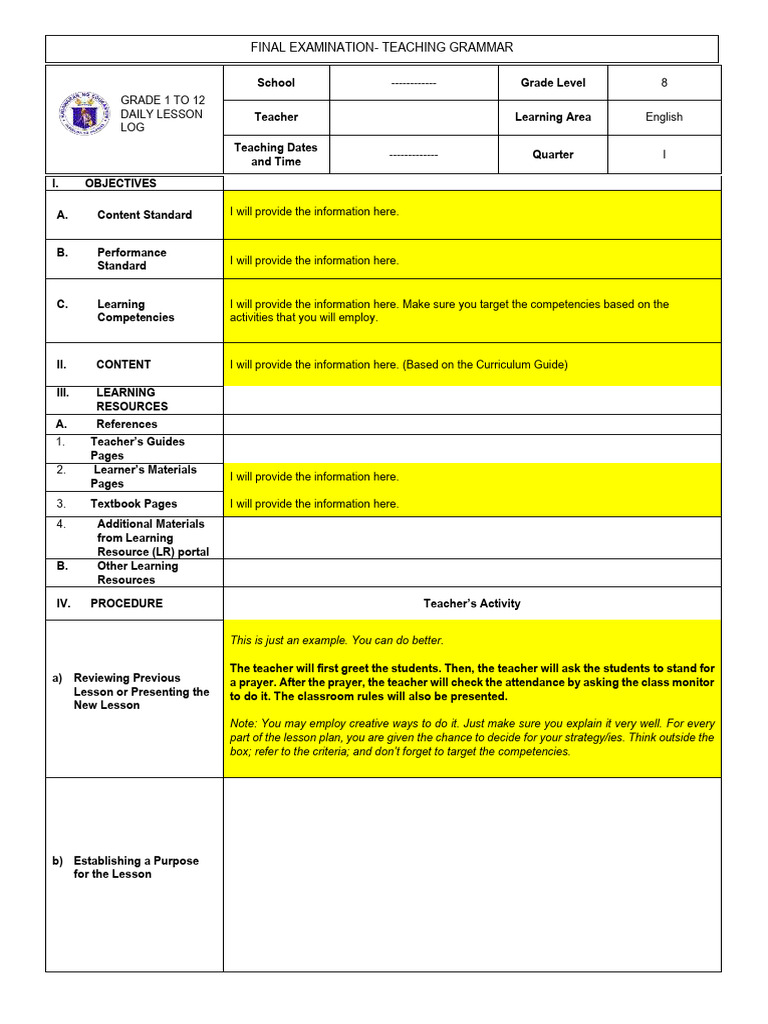 Lesson Plan Finals Sample | PDF | Lesson Plan | Teachers