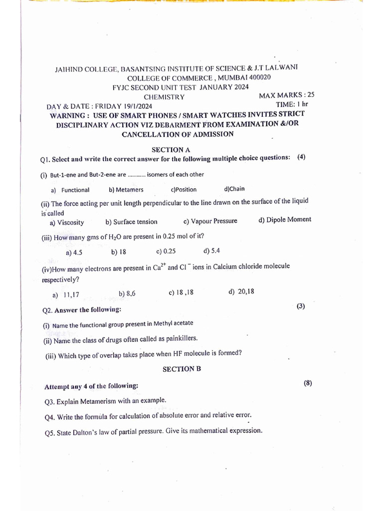 Chem 2024 Paper Second Unit Test JHC PDF | PDF | Chemical Compounds ...
