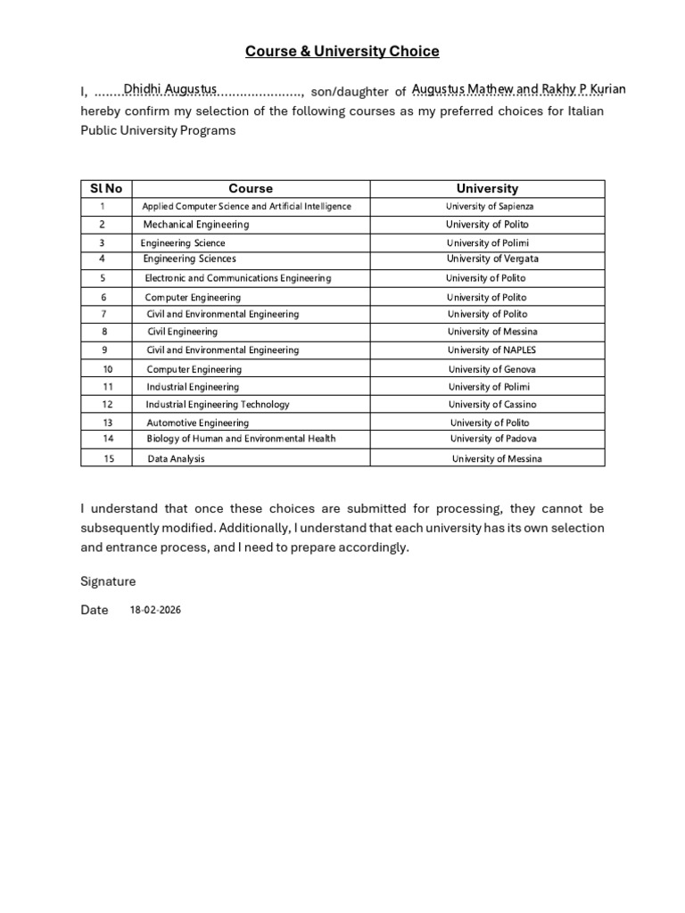 Course and University Selection Form | PDF | Engineering | Computing