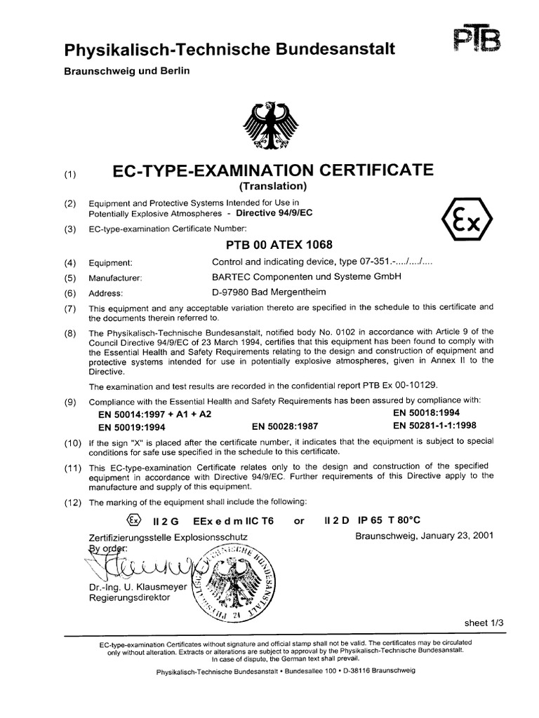 PTB 00 Atex 1068 | PDF