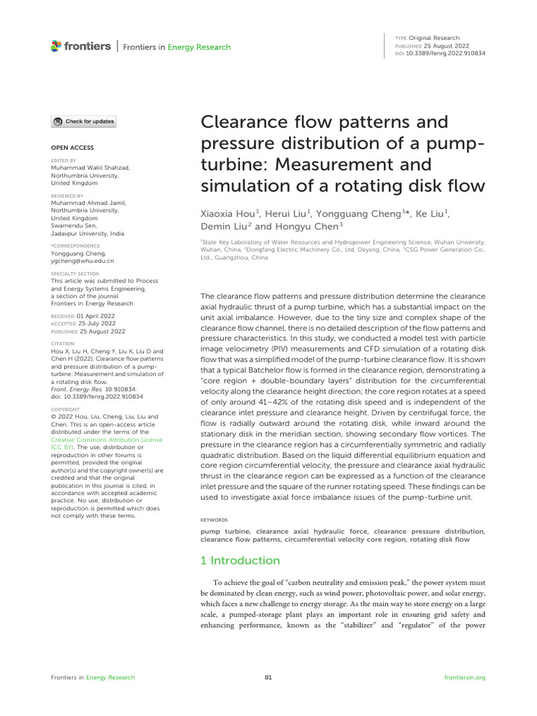 Clearance Flow Patterns and Pressure Distribution of A Pump-Turbine ...
