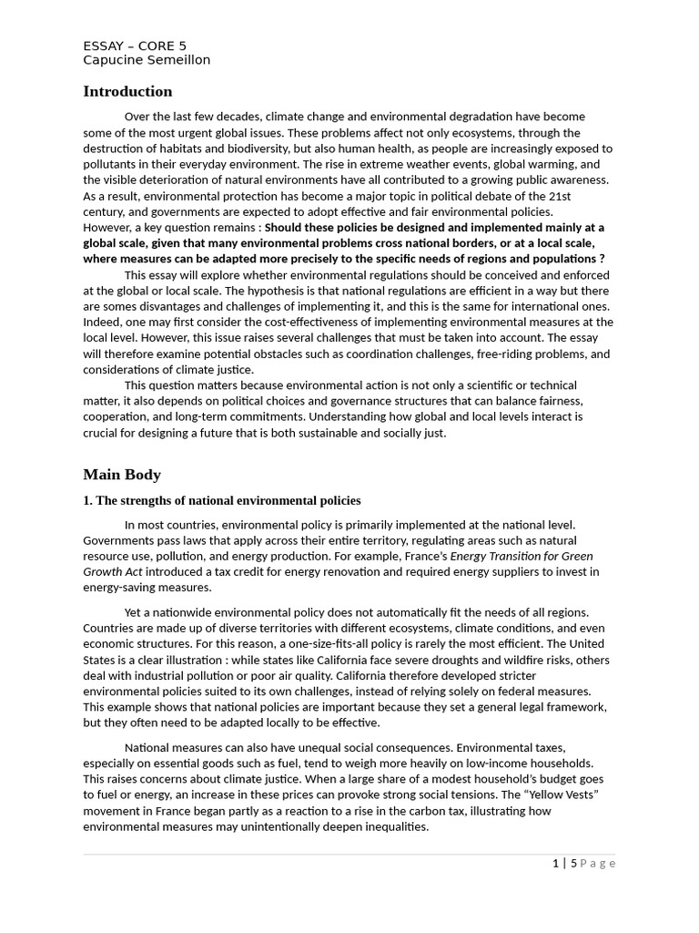 Core 5 Essay Final Version | PDF | Environmental Policy | Climate Change