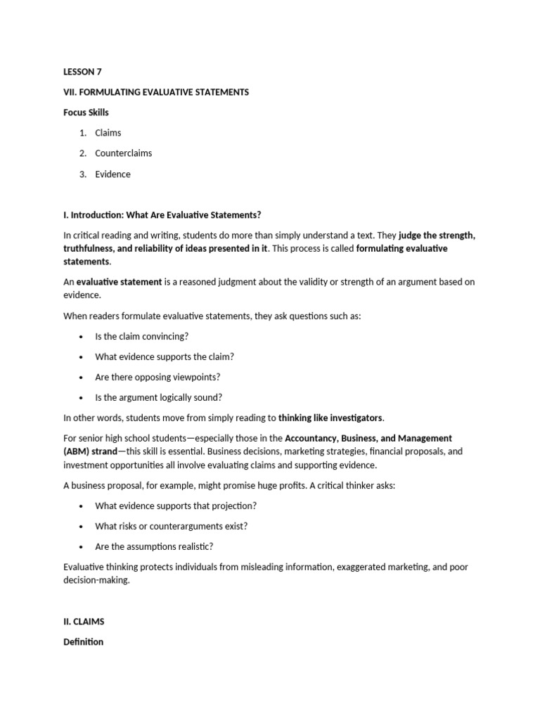 Lesson 7 Evaluative Statements | PDF | Proposition | Marketing