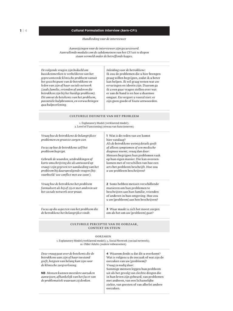 Cultural Formulation Interview (kern-CFI) : Culturele Definitie Van Het ...