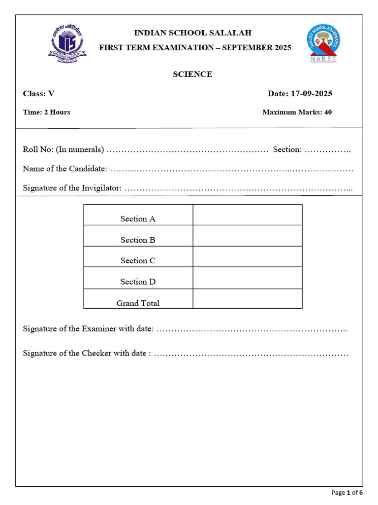 Class 5 FIRST TERM QUESTION PAPER 2025 SCIENCE | PDF