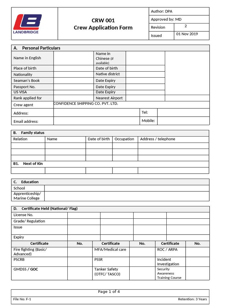 CRW 001 Crew Application Form | PDF | Ships | Shipping