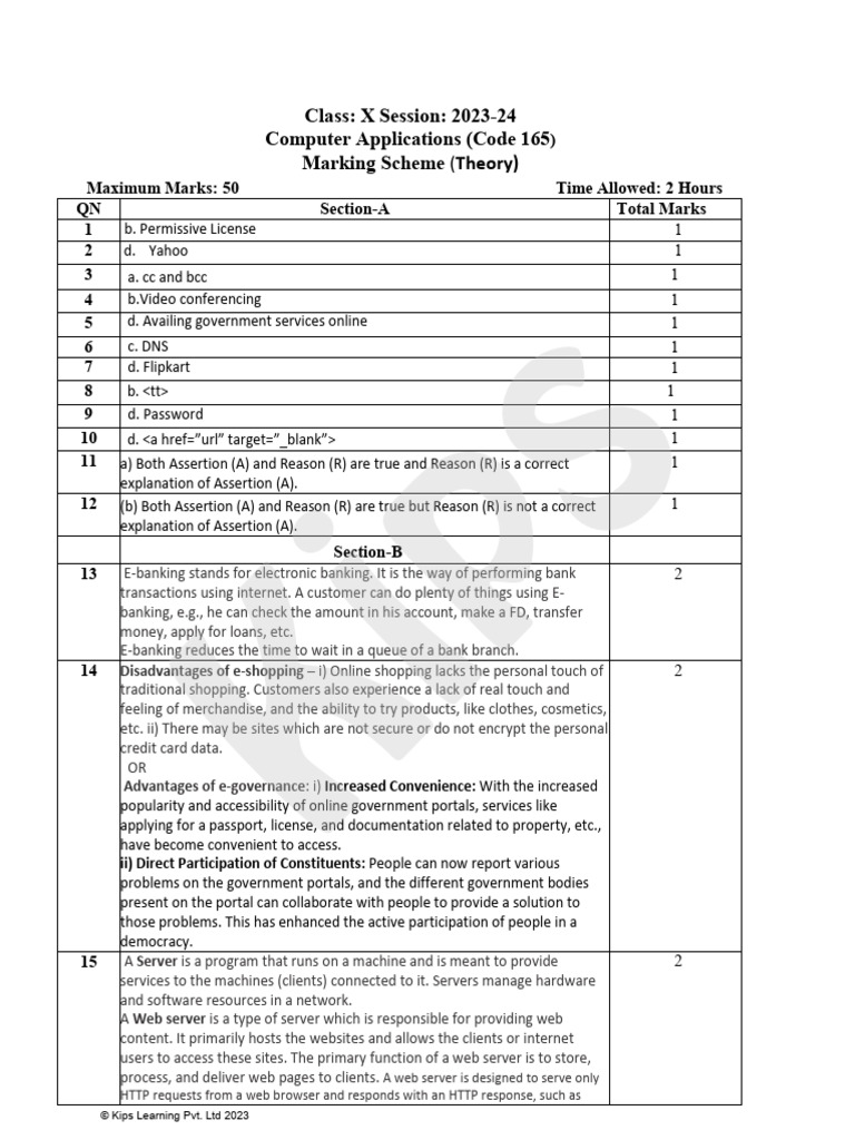 Computer Applications Class X Paper 2 KIPS Answer Key | PDF | World ...