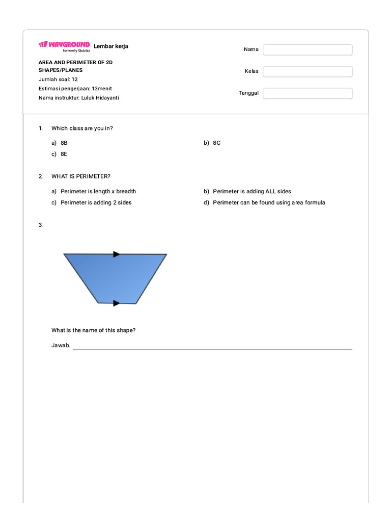 Area and Perimeter of 2d Shapes - Planes - Wayground | PDF | Area ...