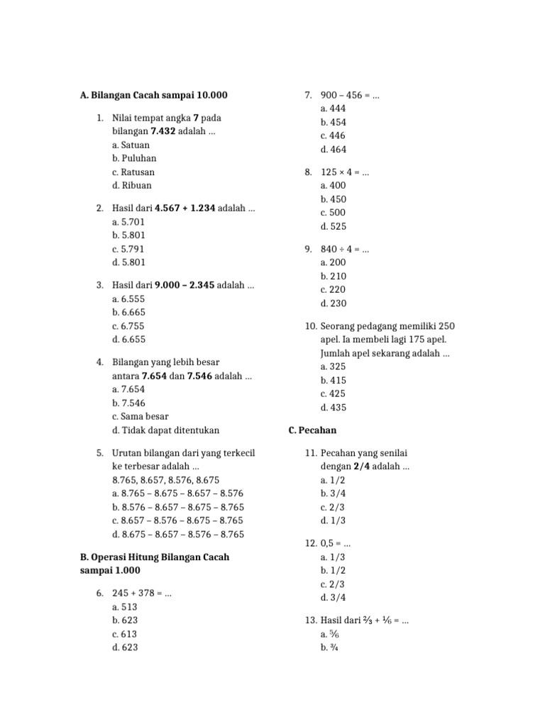 Soal Matematika Kelas 4 Paket 3 Versi A B | PDF