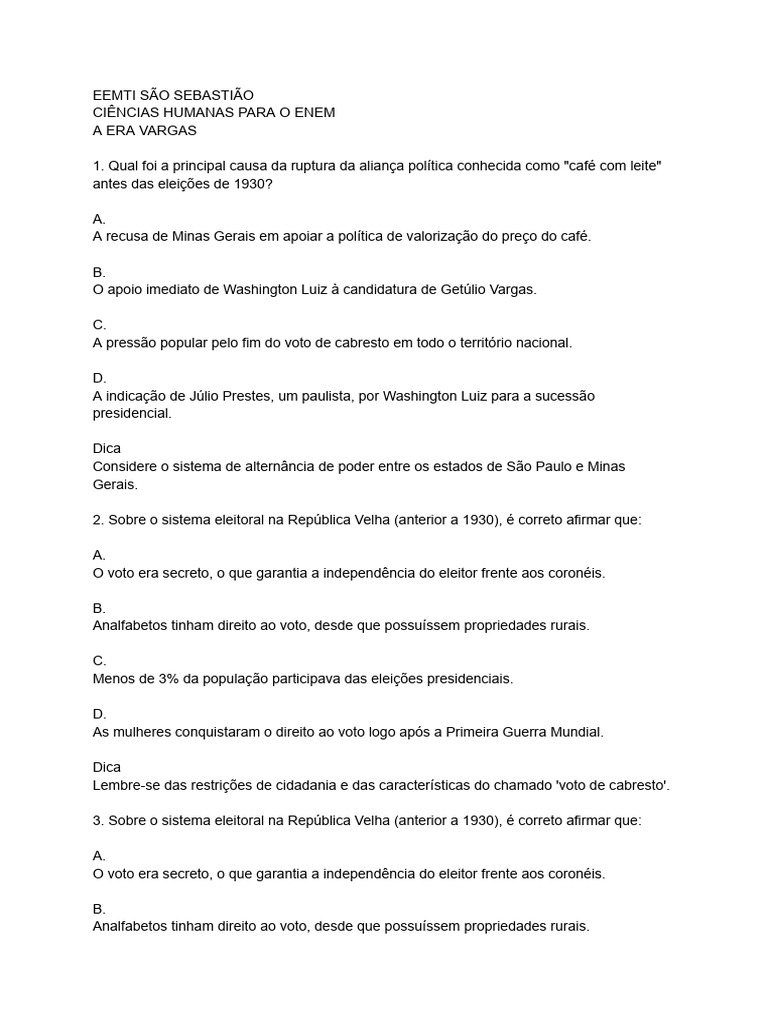 Questoes A Era Vargas Ciências Humanas para o Enem | PDF | Brasil