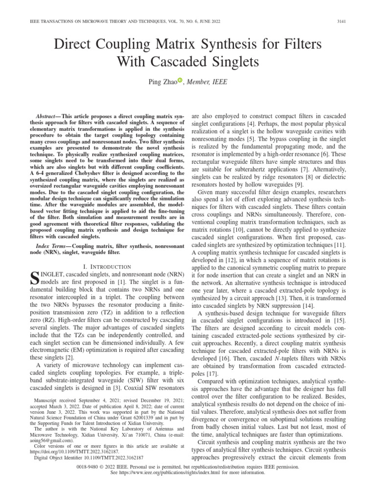 Direct Coupling Matrix Synthesis For Filters With Cascaded Singlets ...