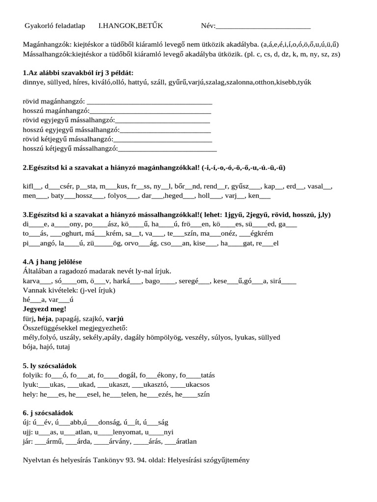Gyakorló Feladatlap - HANGOK BETŰK | PDF