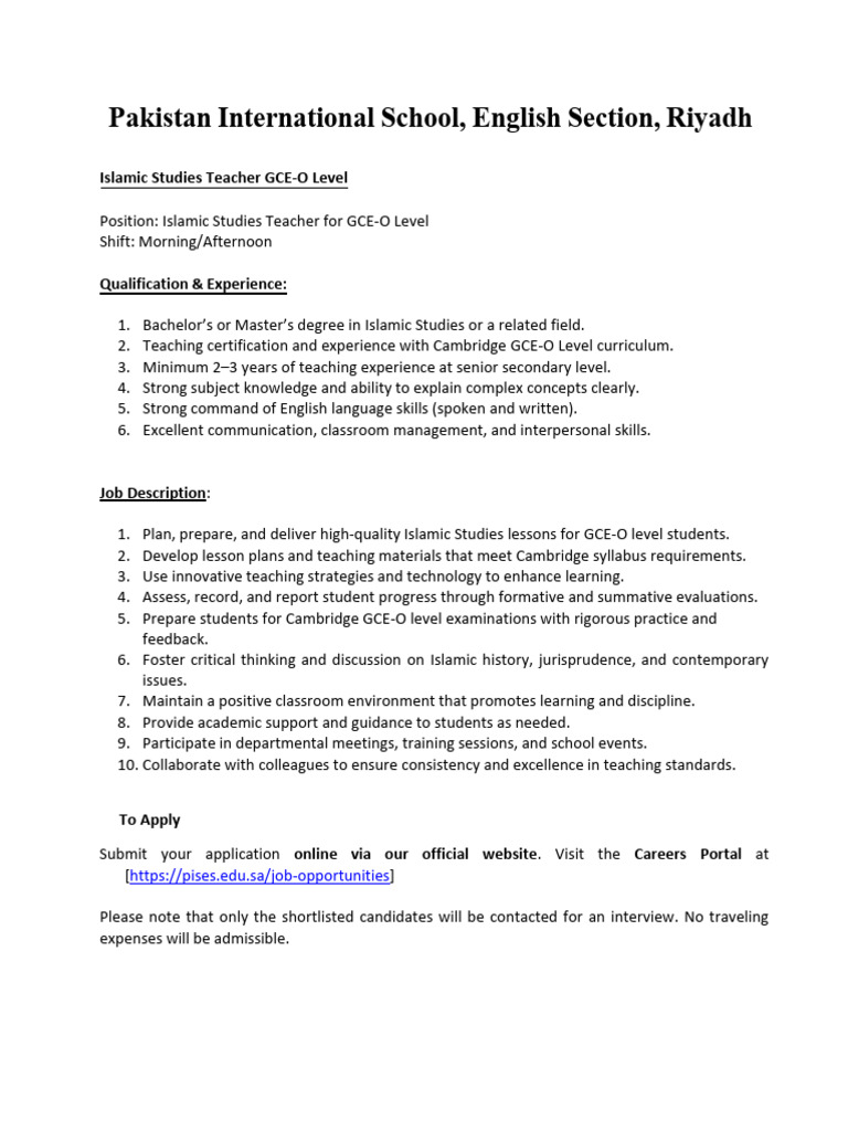 Pakistan International School, English Section, Riyadh: Islamic Studies ...
