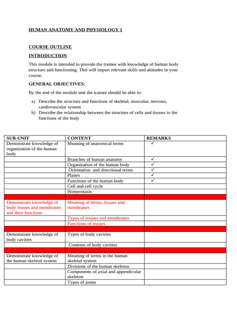 Human Anatomy and Physiology 1 Course Outline | PDF | Human Body | Anatomy