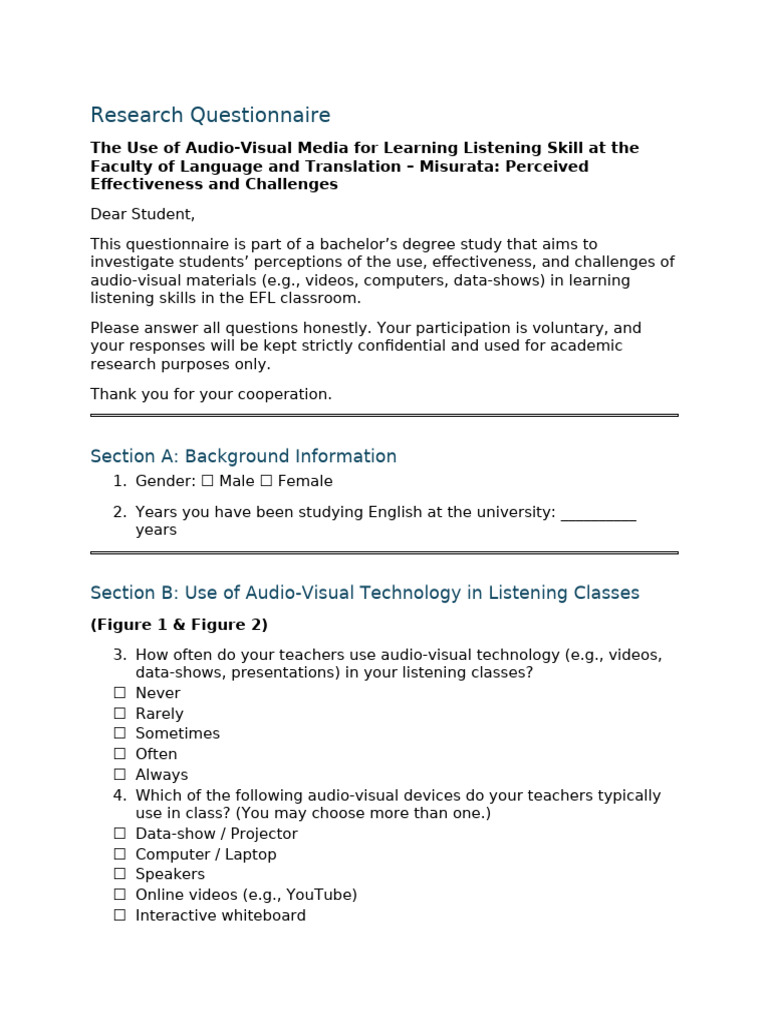 Student Questionnaire On The Use of Audio-Visual Aids in Listening ...