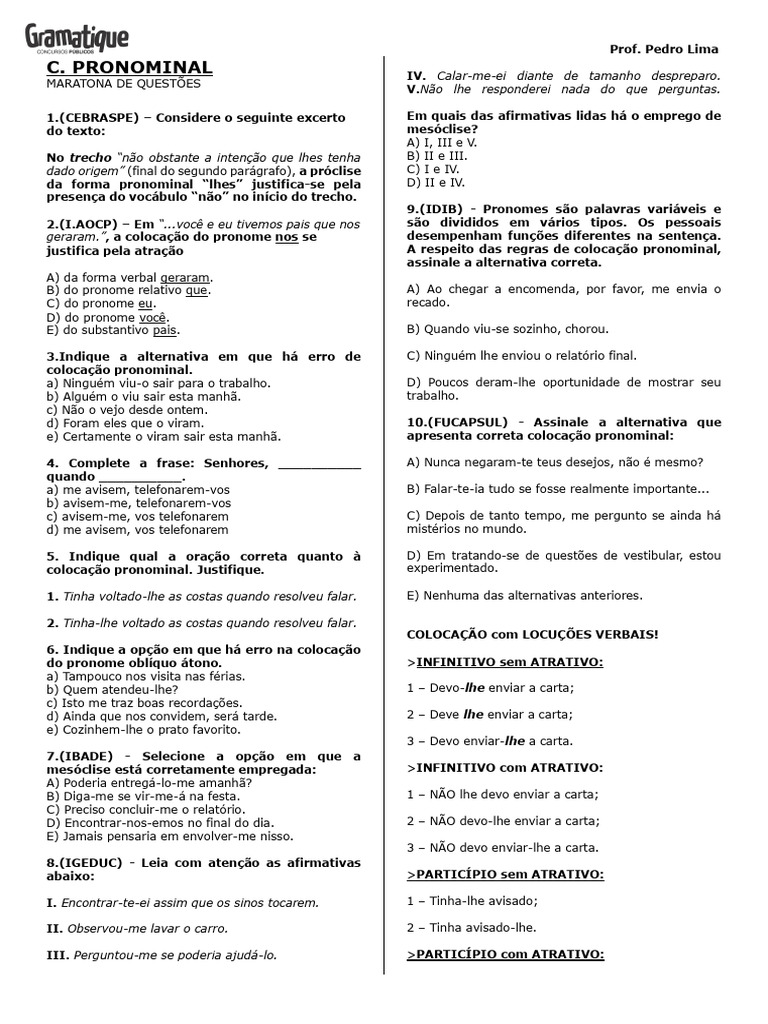 Colocação Pronominal - Questões | PDF | Linguística | Idiomas