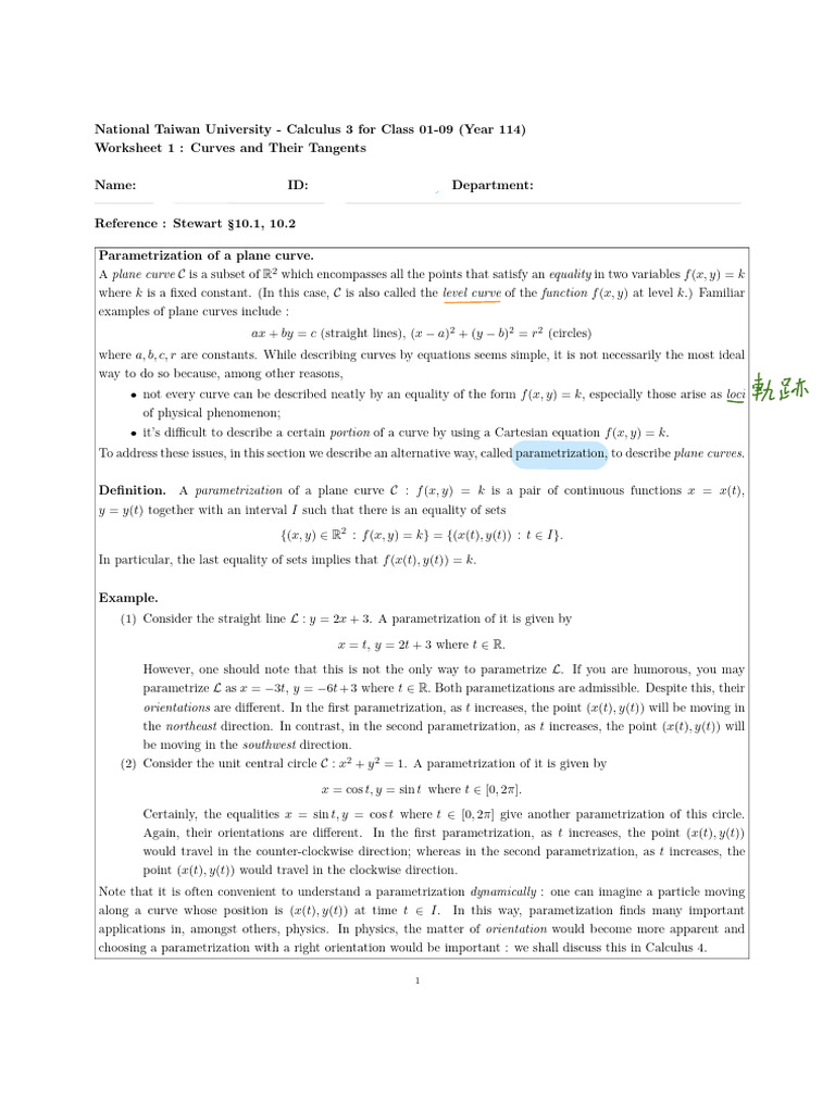 WS1 (GS) Space Curves and Their Tangents | PDF | Curve | Tangent