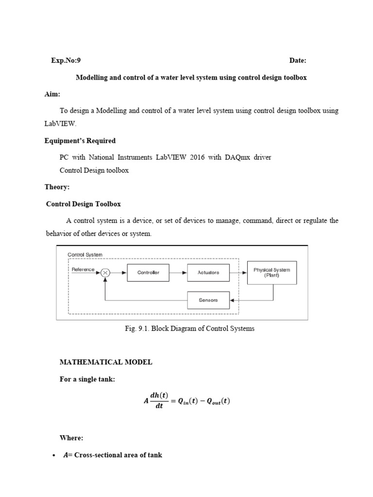 Ex. No. 9 - Modelling and Control of A Water Level System Using Control ...