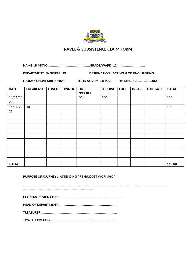 Travelling & Subsistance Claim Form | PDF