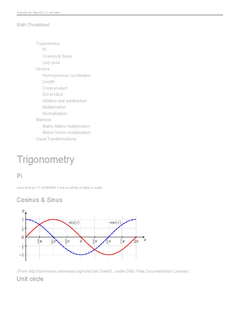 OpenGL Math Cheatsheet | PDF