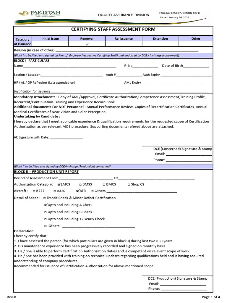 Certifying Staff Assessment Form GEN 102 REV-8 Dated 26-1-26 | PDF ...