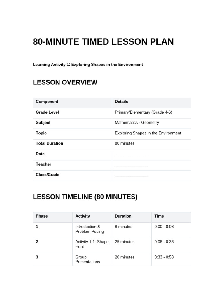 80-Minute Timed Lesson Plan - Exploring Shapes in The Environment | PDF ...