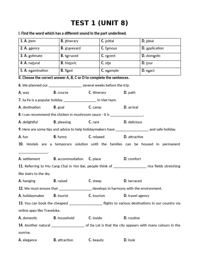 8.1. Test 1 (Unit 8) | PDF | Outdoor Recreation