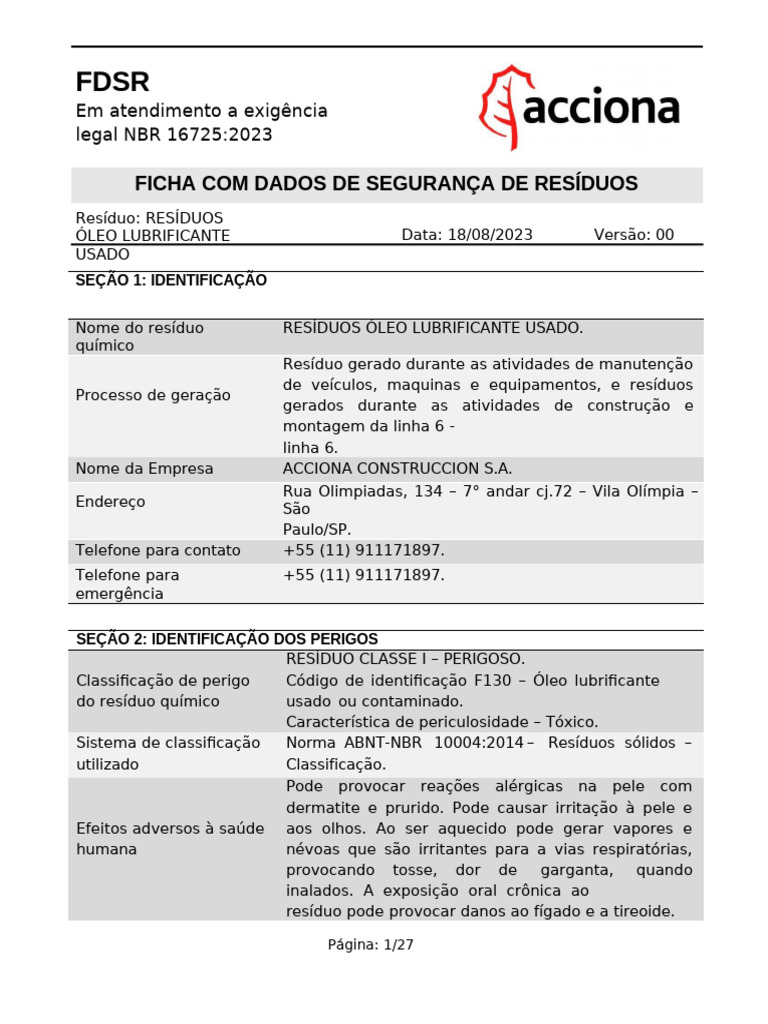 FDSR - Resíduos Óleo Lubrificante Usado - Rev00280 | PDF | Desperdício ...