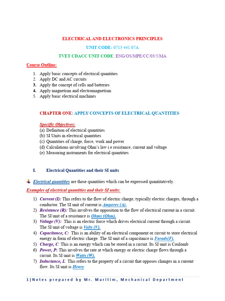 EEP Notes... Chapter 1 | PDF | Electrical Resistance And Conductance ...