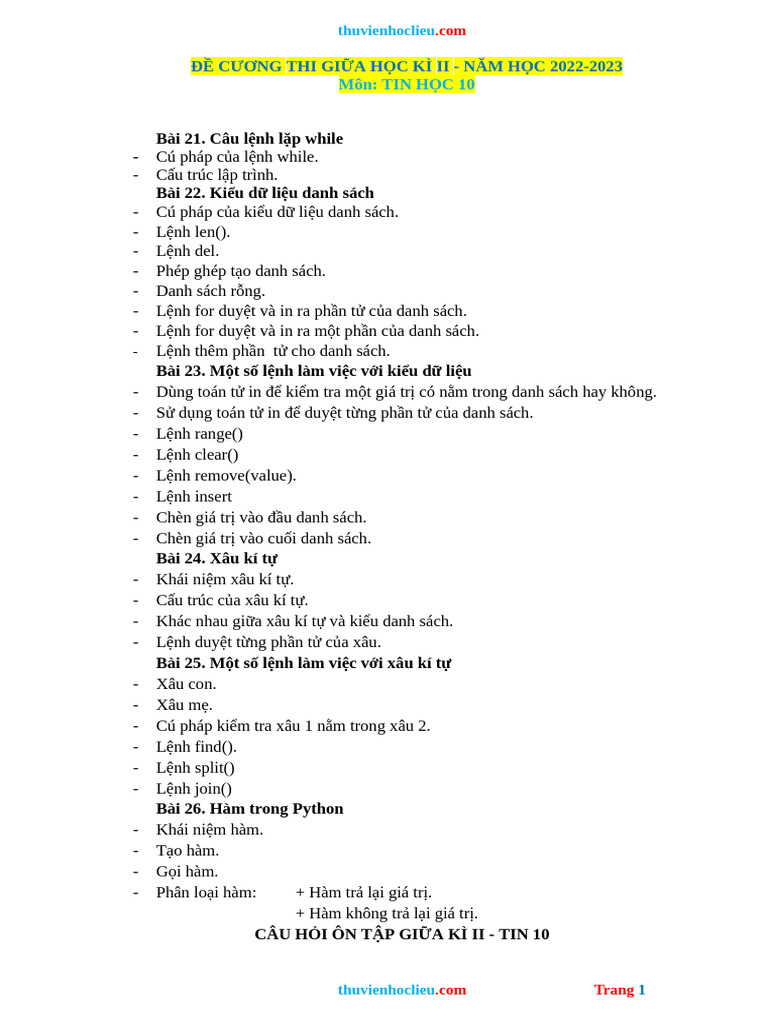 De Cuong On Tap Tin 10 Giua Hoc Ky 2 KNTT | PDF