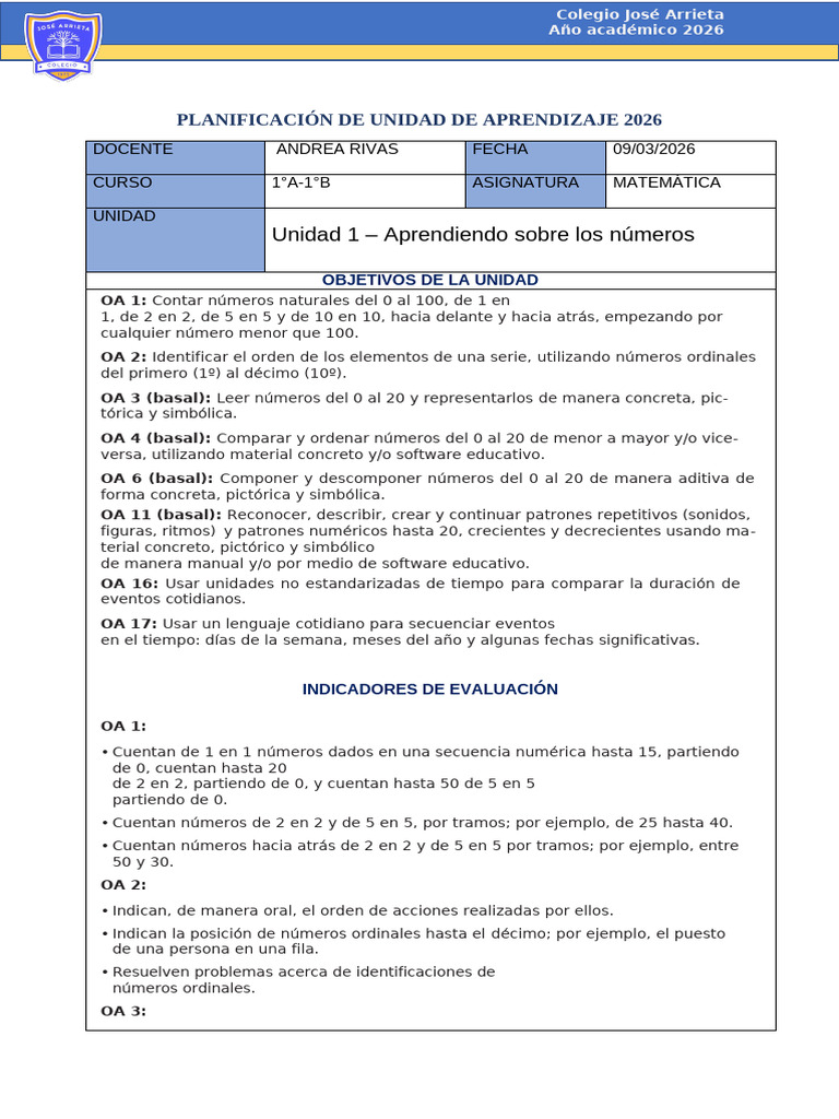 2026 Unidad 1 de Matemática | PDF | Maestros | Aprendizaje