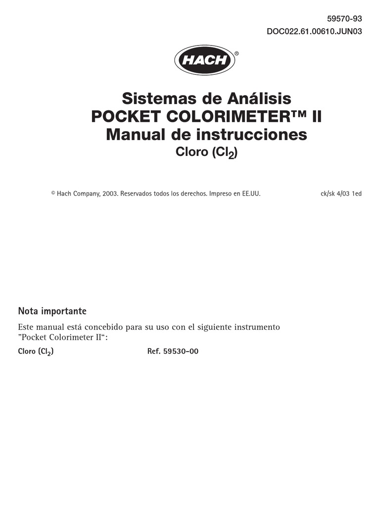 POCKET COLORIMETER II Manual de Instrucciones-Cloro (Cl2) | PDF ...
