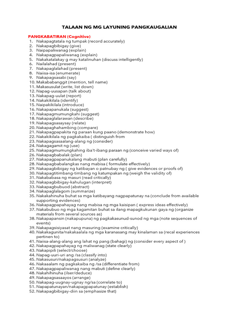 Objectives FILIPINO | PDF